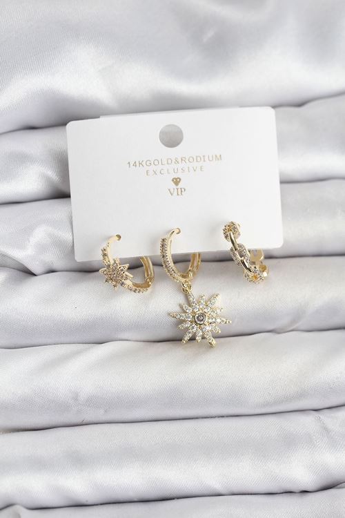 YRTCL Pirinç Gold Renk Kutup Yıldızı Model 3'lü Kadın Küpe Seti