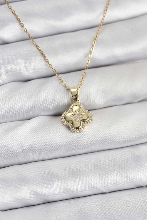 YRTCL 316L Çelik Zincir Gold Renk Zirkon Taşlı Yonca Model Kadın Kolye