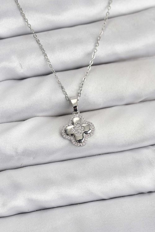 YRTCL 316L Çelik Zincir Gümüş Renk Zirkon Taşlı Yonca Model Kadın Kolye