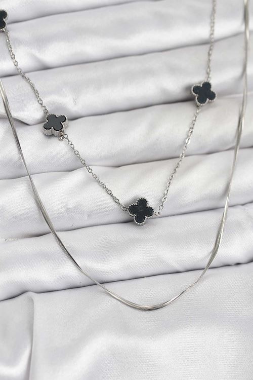 YRTCL 316L Çelik Zincir Gümüş Renk İtalyan Zincirli Siyah Yonca Model Kadın Kolye