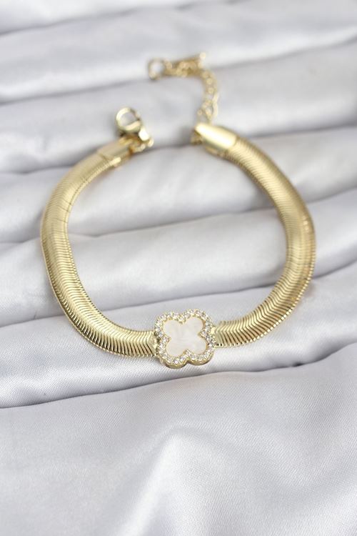 YRTCL 316L Çelik Gold Renk Beyaz Yonca Model Zirkon Taşlı Yılan Zincirli Kadın Bileklik