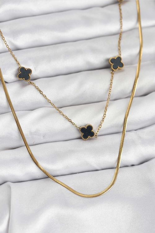 YRTCL 316L Çelik Zincir Gold Renk İtalyan Zincirli Siyah Yonca Model Kadın Kolye