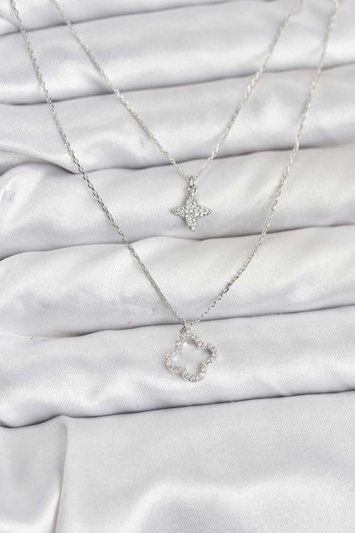 YRTCL Pirinç Gümüş Renk Yonca Model 2'li Kadın Kolye