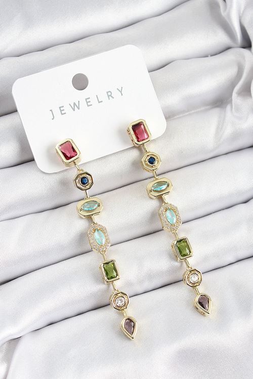 YRTCL Pirinç Renkli Zirkon Taşlı Sallantılı Model Gold Renk Kadın Küpe