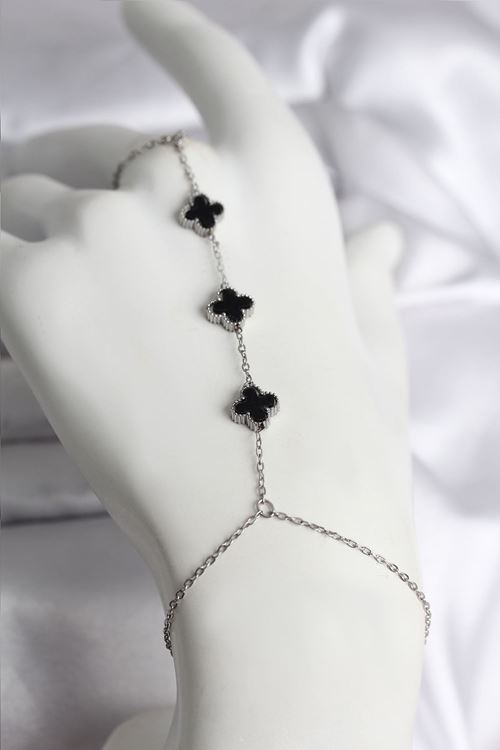 YRTCL 316L Çelik Gümüş Renk Siyah Yonca Model Kadın Şahmeran