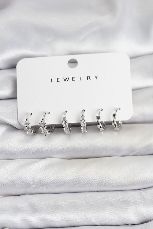 YRTCL Pirinç Gümüş Renk Zirkon Taşlı Kadın Küpe Seti