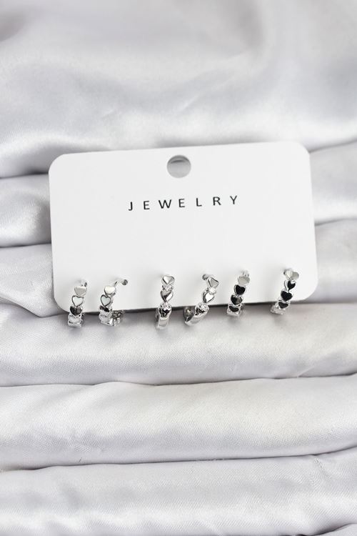 YRTCL Gümüş Renk Pirinç Minimal Kalp Detaylı Kadın Küpe Seti