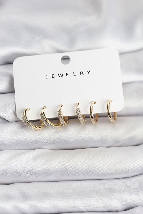 YRTCL Zirkon Taşlı Gold Renk Pirinç Kadın Küpe Seti