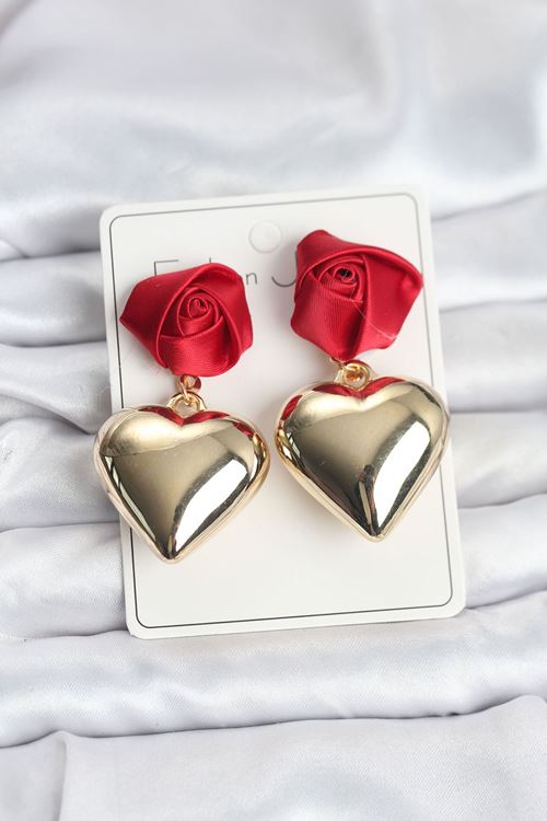 YRTCL Pirinç Gold Kalpli Kırmızı Gül Model Kadın Küpe