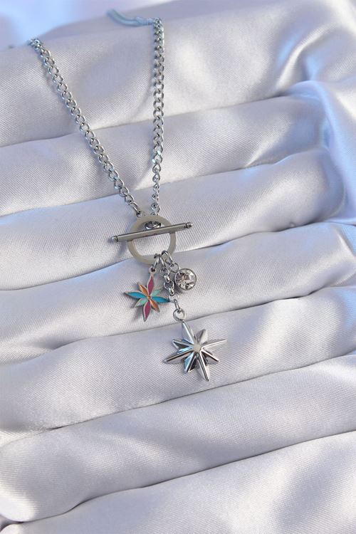 YRTCL 316L Çelik Zincir Gold Renk Renkli Mineli Zirkon Taşlı Kutup Yıldızlı Kolye