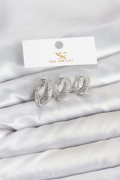 YRTCL Pirinç Gümüş Renk Zirkon Taşlı Halka Model YSX Trio Küpe Seti