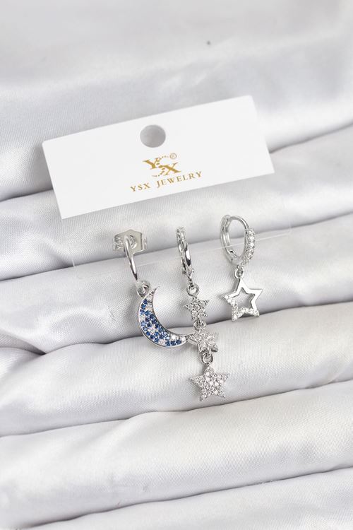 YRTCL Pirinç Gümüş Renk Zirkon Taşlı Ay ve Yıldız Model YSX Trio Küpe Seti