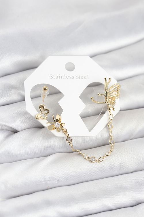 YRTCL Kelebekli Model Pirinç Gold Renk Zincir Bağlantılı Ear Cuff Küpe Seti