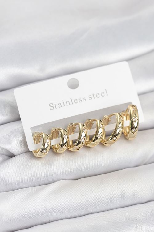 YRTCL 316L Çelik Gold Renk Zirkon Taşlı Kutup Yıldızı Model Halka Küpe Seti