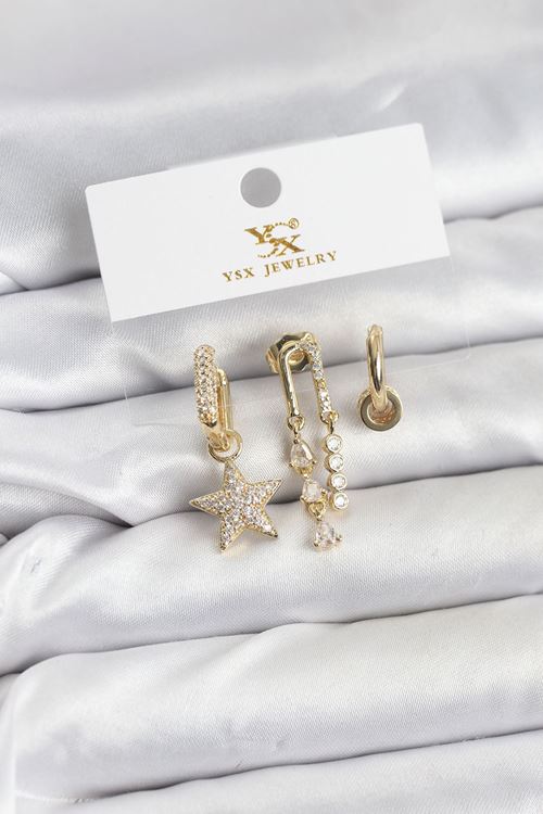 YRTCL Pirinç Gold Renk Zirkon Taşlı Yıldız Vintage Model YSX Trio Küpe Seti