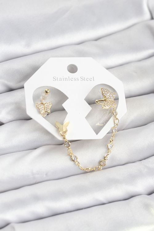 YRTCL Kelebek Model Pirinç Gold Renk Zincir Bağlantılı Ear Cuff Küpe Seti