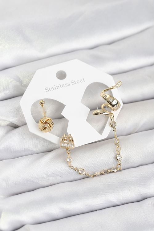 YRTCL Pirinç Gold Renk Yılan Model Zincir Bağlantılı Ear Cuff Küpe Seti