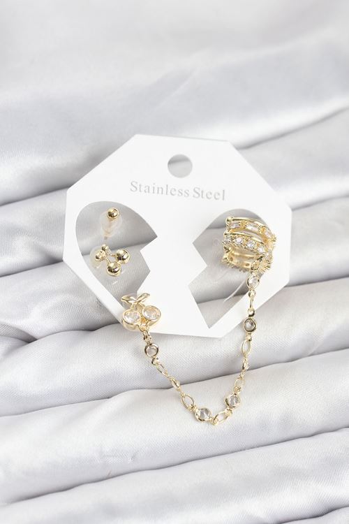 YRTCL Kiraz Model Pirinç Gold Renk Zincir Bağlantılı Ear Cuff Küpe Seti