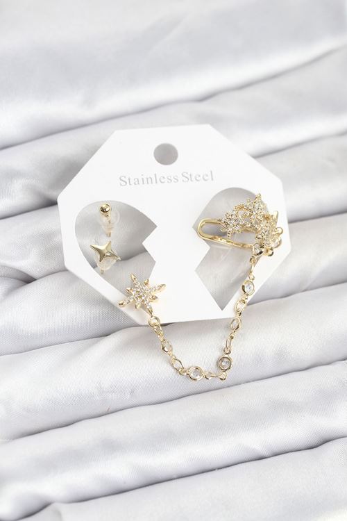 YRTCL Kutup Yıldızı Model Pirinç Gold Renk Zincir Bağlantılı Ear Cuff Küpe Seti