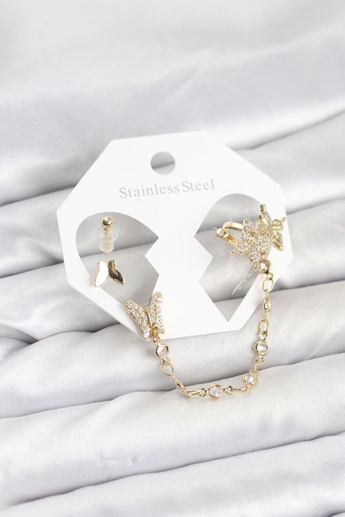 YRTCL Pirinç Gold Renk Kelebek Model Zincir Bağlantılı Ear Cuff Küpe Seti