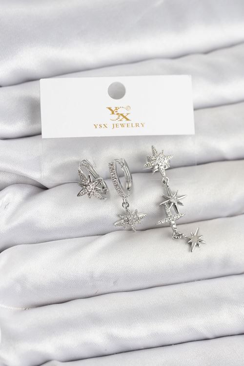 YRTCL Pirinç Gümüş Renk Zirkon Taşlı Kutup Yıldızı Model YSX Trio Küpe Seti