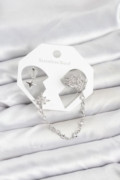 YRTCL Kutup Yıldızı Model Pirinç Gümüş Renk Zincir Bağlantılı Ear Cuff Küpe Seti