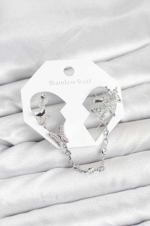 YRTCL Pirinç Gümüş Renk Kelebek Model Zincir Bağlantılı Ear Cuff Küpe Seti