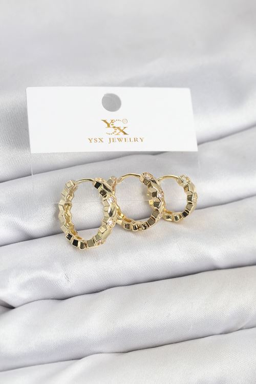 YRTCL Pirinç Gold Renk Zirkon Taşlı Petek Halka Model YSX Trio Küpe Seti
