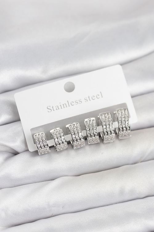 YRTCL 316L Çelik Zirkon Taşlı Gümüş Renk Halka Küpe Seti