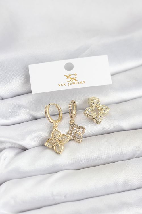 YRTCL Pirinç Gold Renk Yonca Model YSX Trio Küpe Seti