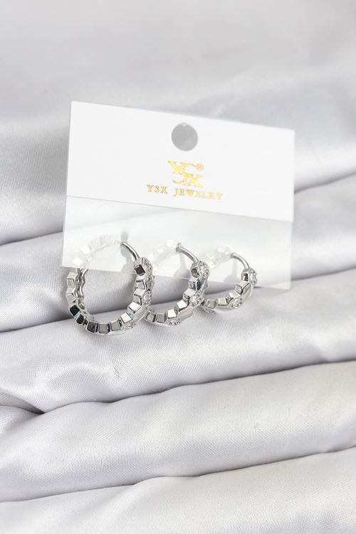 YRTCL Pirinç Gümüş Renk Zirkon Taşlı Petek Halka Model YSX Trio Küpe Seti