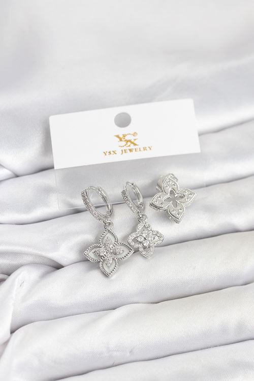 YRTCL Pirinç Gümüş Renk Yonca Model YSX Trio Küpe Seti