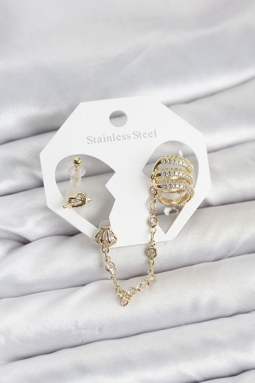YRTCL Pirinç Gold Renk Sarmal Model Zincir Bağlantılı Ear Cuff Küpe Seti