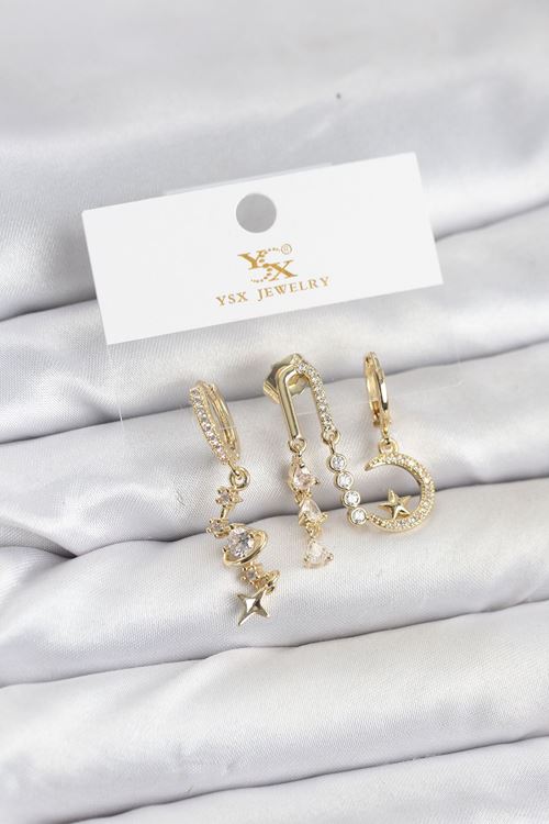 YRTCL Pirinç Gold Renk Zirkon Taşlı Uzay Model YSX Trio Küpe Seti