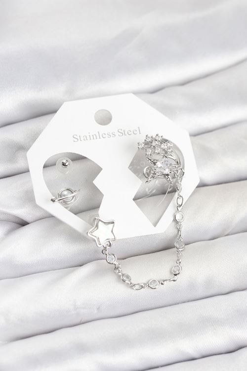 YRTCL Pirinç Gümüş Renk Yıldız Model Zincir Bağlantılı Ear Cuff Küpe Seti