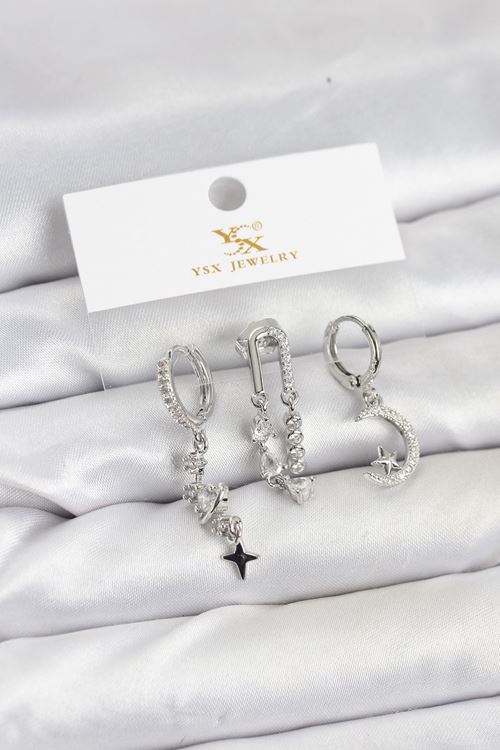 YRTCL Pirinç Gümüş Renk Zirkon Taşlı Uzay Model YSX Trio Küpe Seti