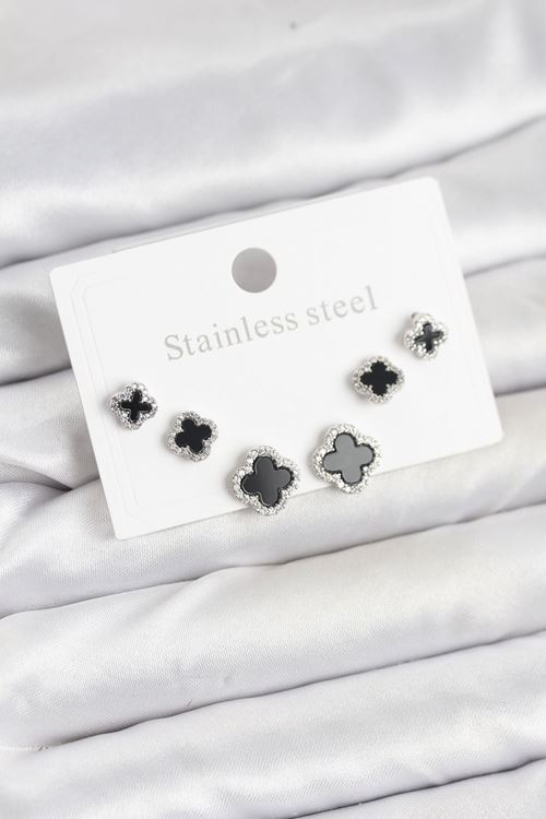 YRTCL 316L Çelik Gümüş Renk Zirkon Taşlı Yonca Model Kadın Küpe Seti