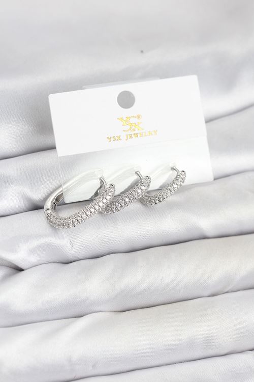 YRTCL Pirinç Gümüş Renk Zirkon Taşlı Halka Model YSX Trio Küpe Seti