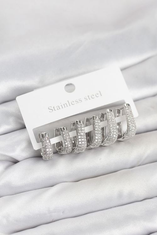 YRTCL 316L Çelik Gümüş Renk Zirkon Taşlı Damla Halka Küpe Seti