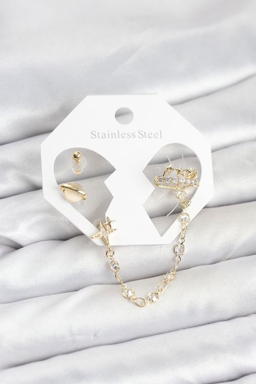 YRTCL Pirinç Gold Renk Uzay Model Zincir Bağlantılı Ear Cuff Küpe Seti