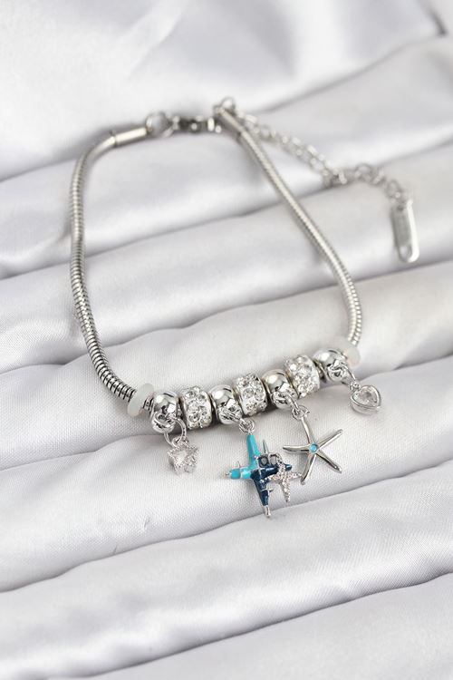 YRTCL Pirinç Gümüş Renk Yıldız Model Charmlı Kadın Bileklik