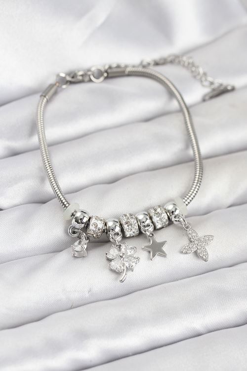 YRTCL Gümüş Renk Pirinç Yonca Charmlı Kadın Bileklik