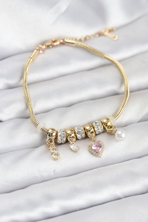 YRTCL Pirinç Gold Renk Pembe Kalp Charmlı Kadın Bileklik