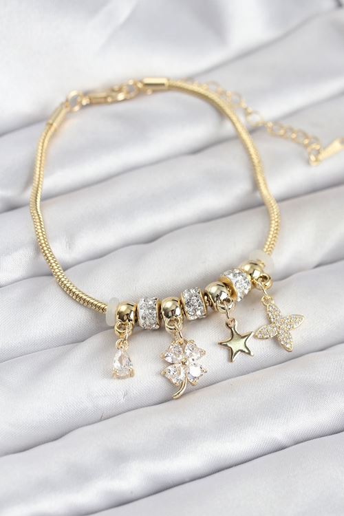 YRTCL Gold Renk Pirinç Yonca Charmlı Kadın Bileklik