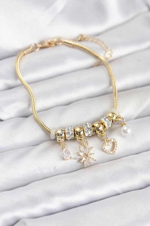 YRTCL Pirinç Gold Renk Kutup Yıldızı ve Kalp Charmlı Kadın Bileklik