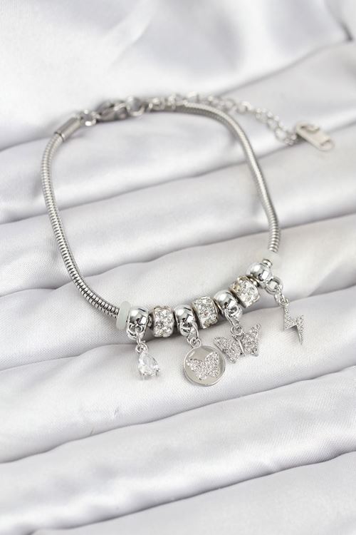 YRTCL Pirinç Gümüş Renk Kelebek Charmlı Kadın Bileklik