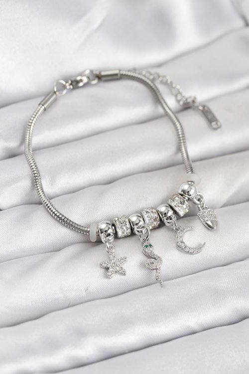 YRTCL Pirinç Gümüş Renk Yılan Charmlı Kadın Bileklik