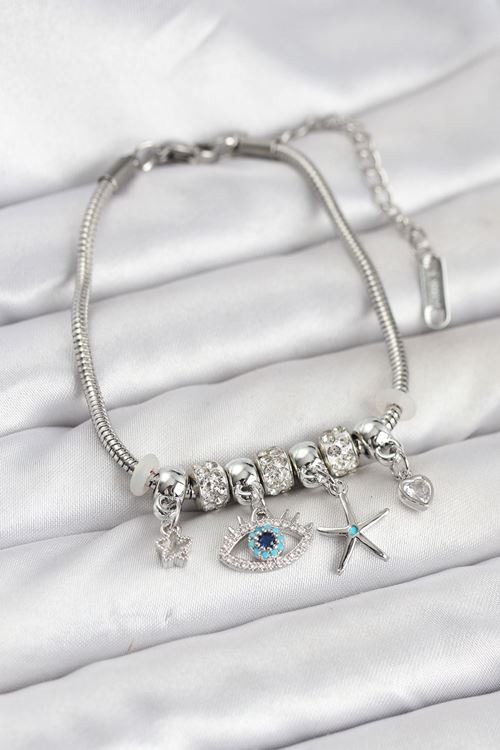 YRTCL Pirinç Gümüş Renk Göz Model Charmlı Kadın Bileklik