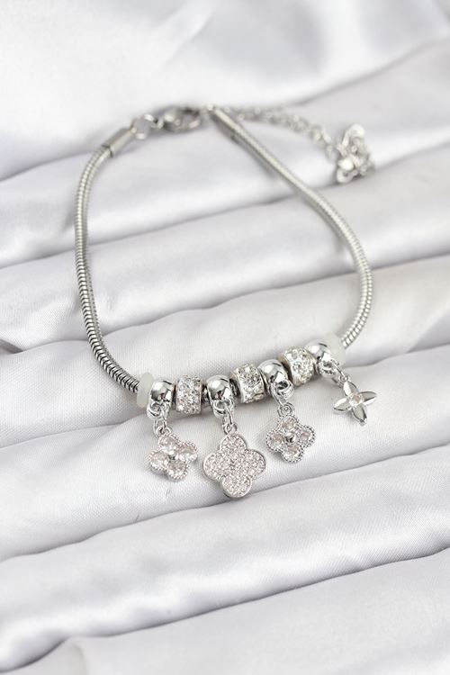 YRTCL Pirinç Gümüş Renk Yonca Model Kadın Bileklik