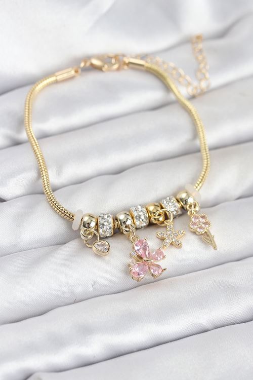 YRTCL Pirinç Gold Renk Pembe Kelebek Charmlı Kadın Bileklik